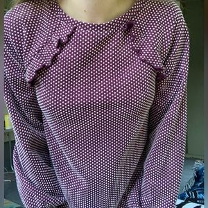 Purple Polkadot Elle Brand Women’s Blouse with Ruffle Neck Detail (XS)